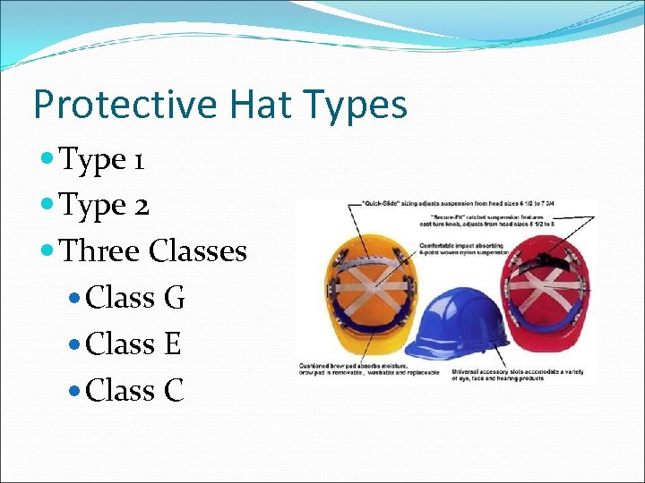 Protective Hat Types Type 1 Type 2 Three Classes Class G Class E Class