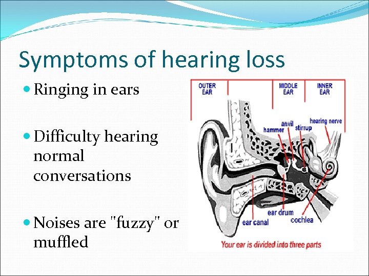 Symptoms of hearing loss Ringing in ears Difficulty hearing normal conversations Noises are 