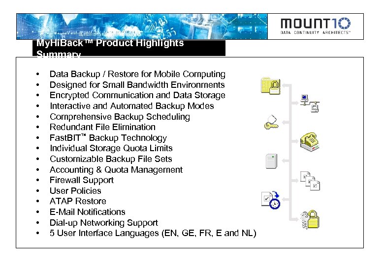 My. Hi. Back™ Product Highlights Summary • • • • Data Backup / Restore