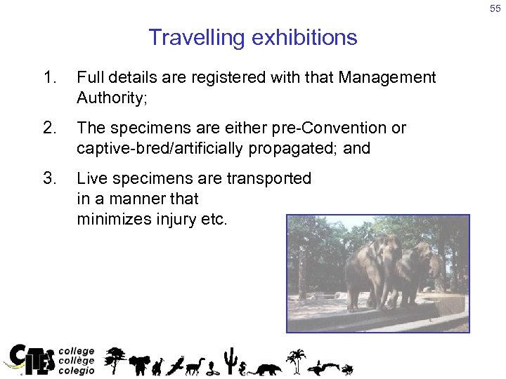 55 Travelling exhibitions 1. Full details are registered with that Management Authority; 2. The