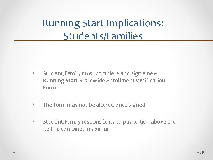 Running Start Implications: Students/Families • Student/Family must complete and sign a new Running Start