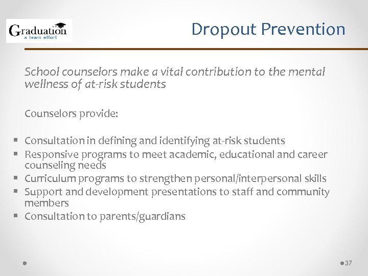 Dropout Prevention School counselors make a vital contribution to the mental wellness of at-risk