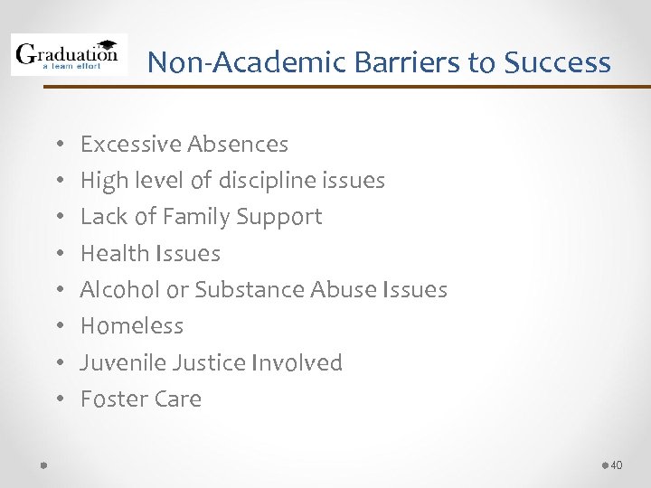 Non-Academic Barriers to Success • • Excessive Absences High level of discipline issues Lack