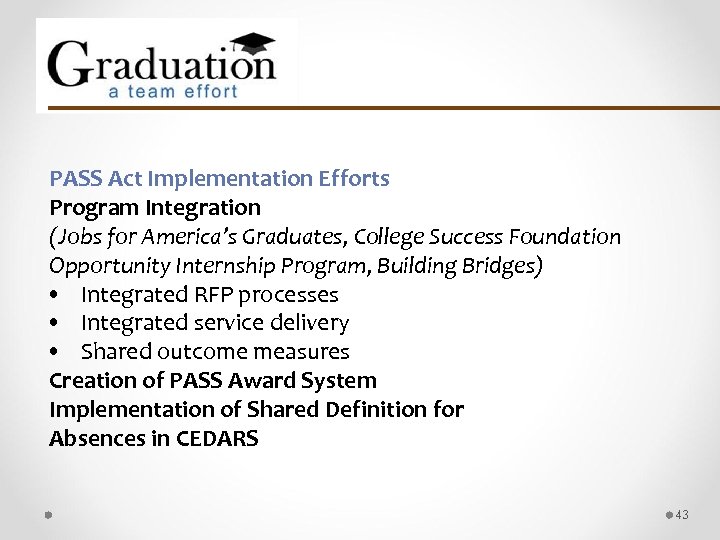 PASS Act Implementation Efforts Program Integration (Jobs for America’s Graduates, College Success Foundation Opportunity