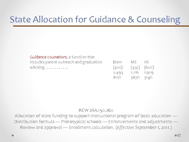State Allocation for Guidance & Counseling Guidance counselors, a function that includes parent outreach