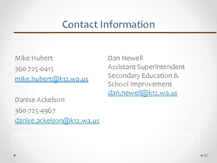 Contact Information Mike Hubert 360 725 -0415 mike. hubert@k 12. wa. us Danise Ackelson