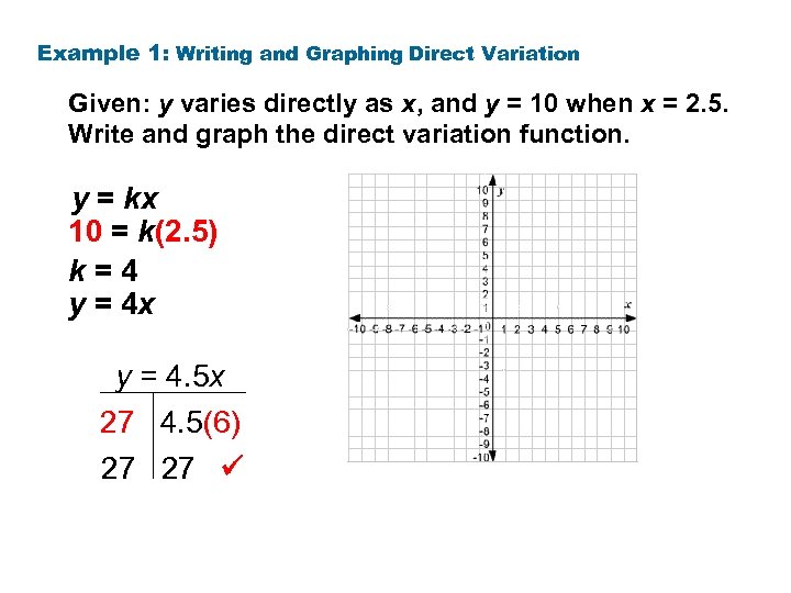Example 1: Writing and Graphing Direct Variation Given: y varies directly as x, and