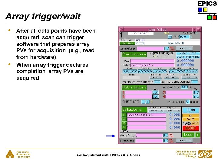 Array trigger/wait • • After all data points have been acquired, scan trigger software