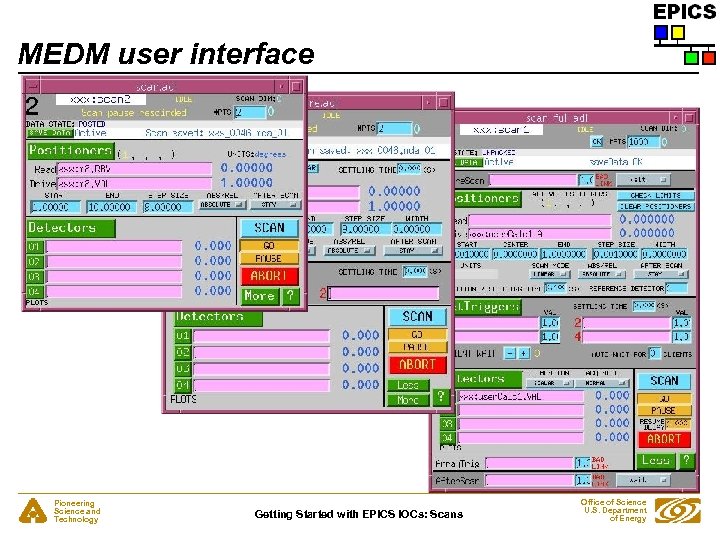 MEDM user interface Pioneering Science and Technology Getting Started with EPICS IOCs: Scans Office