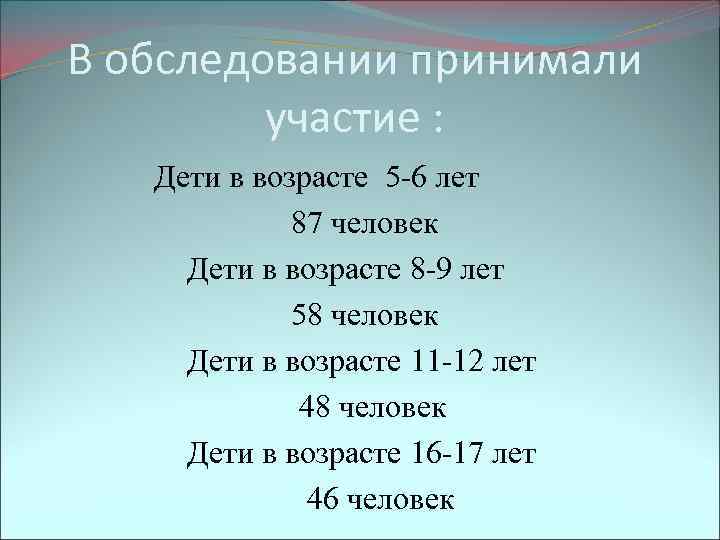 В обследовании принимали участие : Дети в возрасте 5 -6 лет 87 человек Дети