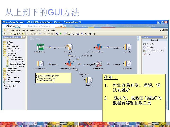 从上到下的GUI方法 优势 ： 1. 作业 容易开发 、理解、调 试 和维护 2. 强大的、被验证 的最好的 数据转 移和抽取