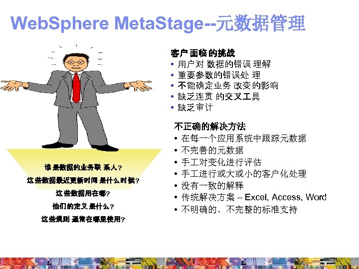Web. Sphere Meta. Stage--元数据管理 客户 面临 的挑战 • 用户对 数据的错误 理解 • 重要参数的错误处 理
