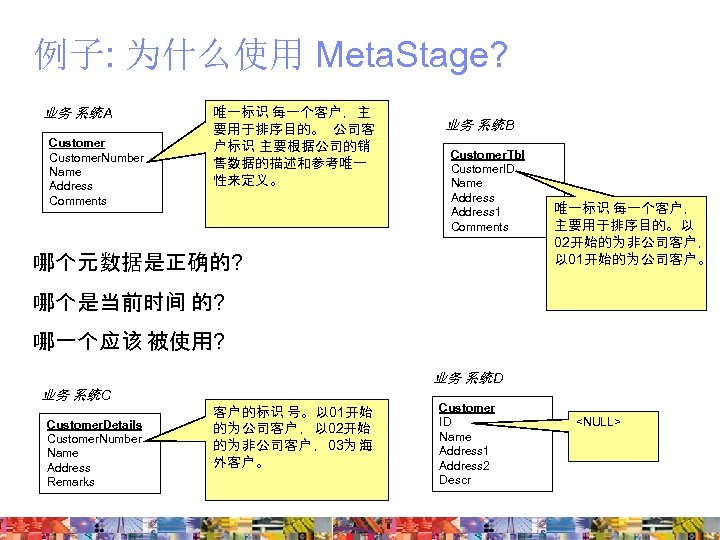 例子: 为什么使用 Meta. Stage? 业务 系统 A Customer. Number Name Address Comments 唯一标识 每一个客户