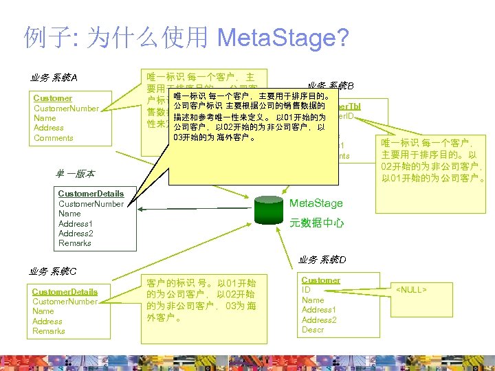 例子: 为什么使用 Meta. Stage? 业务 系统 A Customer. Number Name Address Comments 唯一标识 每一个客户