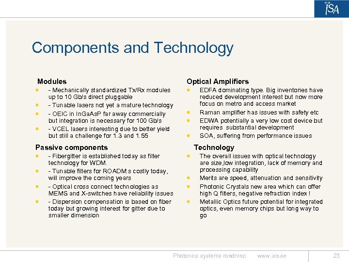 Components and Technology Modules ¡ ¡ Optical Amplifiers - Mechanically standardized Tx/Rx modules up