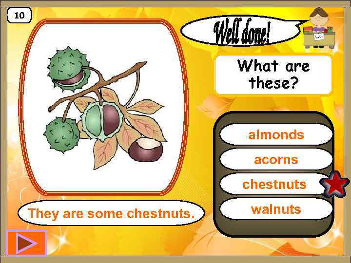 10 What are these? almonds acorns chestnuts They are some chestnuts. walnuts 