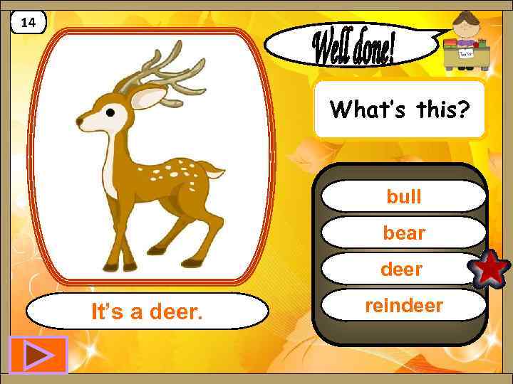 14 What’s this? bull bear deer It’s a deer. reindeer 