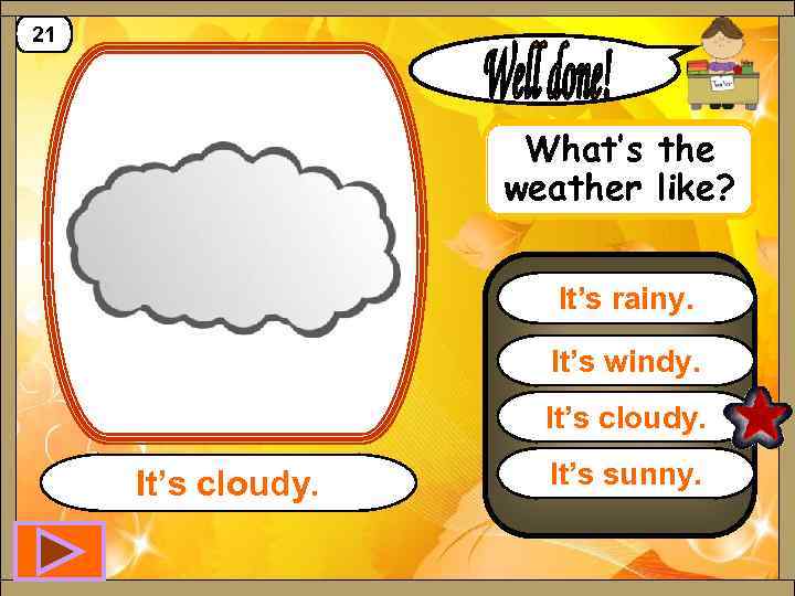 21 What’s the weather like? It’s rainy. It’s windy. It’s cloudy. It’s sunny. 