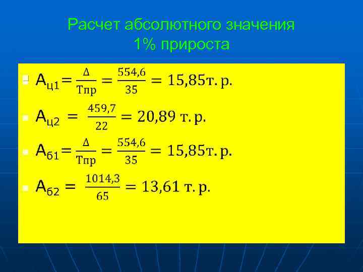 Расчет абсолютного значения 1% прироста n 