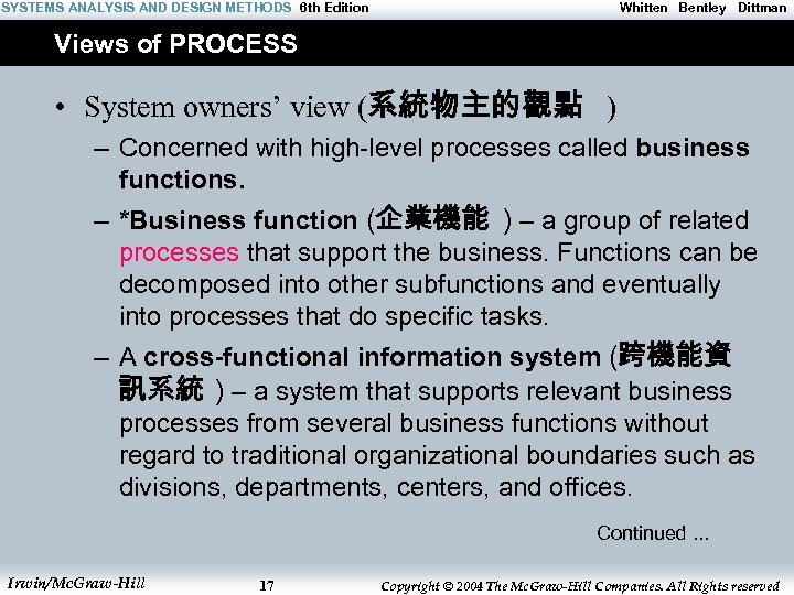 SYSTEMS ANALYSIS AND DESIGN METHODS 6 th Edition Whitten Bentley Dittman Views of PROCESS