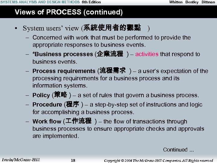 SYSTEMS ANALYSIS AND DESIGN METHODS 6 th Edition Whitten Bentley Dittman Views of PROCESS