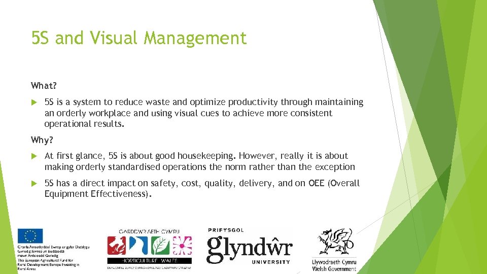 5 S and Visual Management What? 5 S is a system to reduce waste