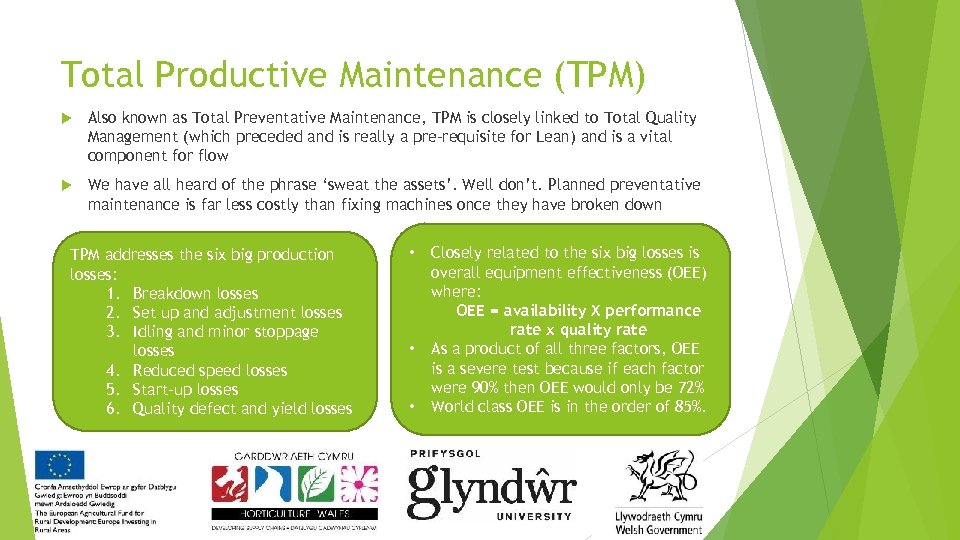 Total Productive Maintenance (TPM) Also known as Total Preventative Maintenance, TPM is closely linked