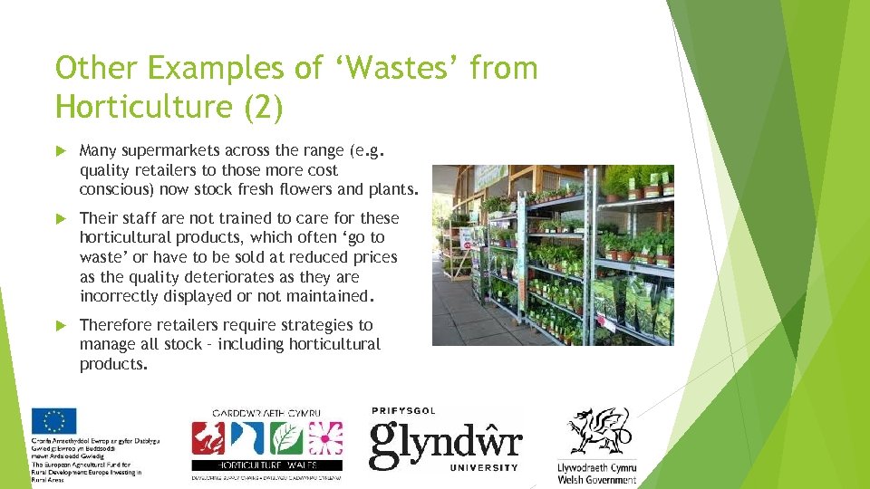 Other Examples of ‘Wastes’ from Horticulture (2) Many supermarkets across the range (e. g.