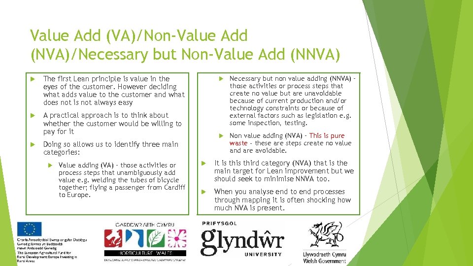 Value Add (VA)/Non-Value Add (NVA)/Necessary but Non-Value Add (NNVA) The first Lean principle is