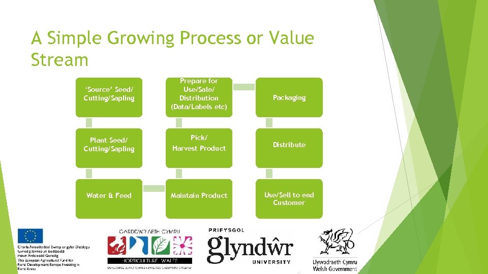 A Simple Growing Process or Value Stream ‘Source’ Seed/ Cutting/Sapling Prepare for Use/Sale/ Distribution