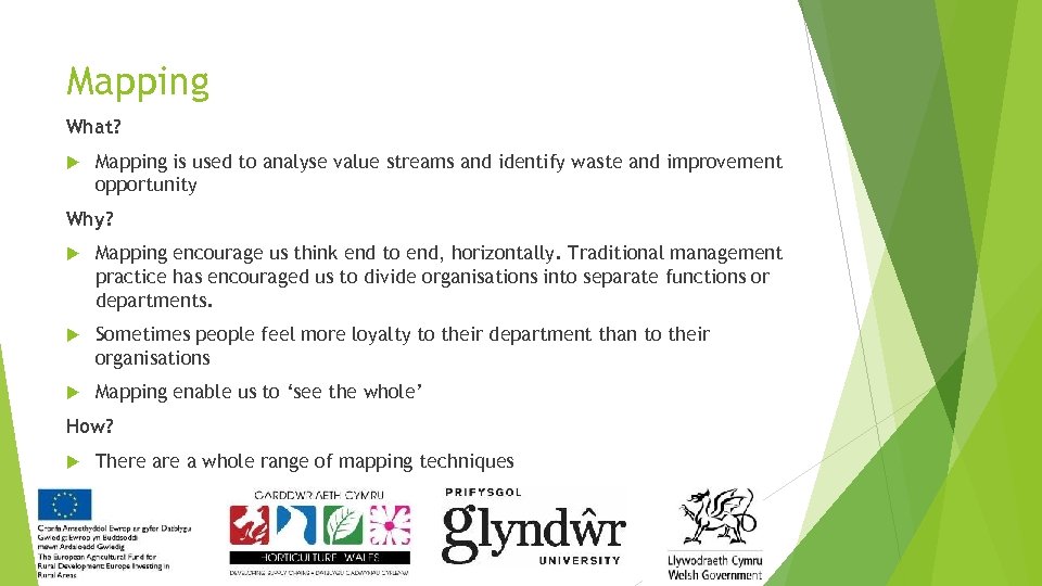 Mapping What? Mapping is used to analyse value streams and identify waste and improvement