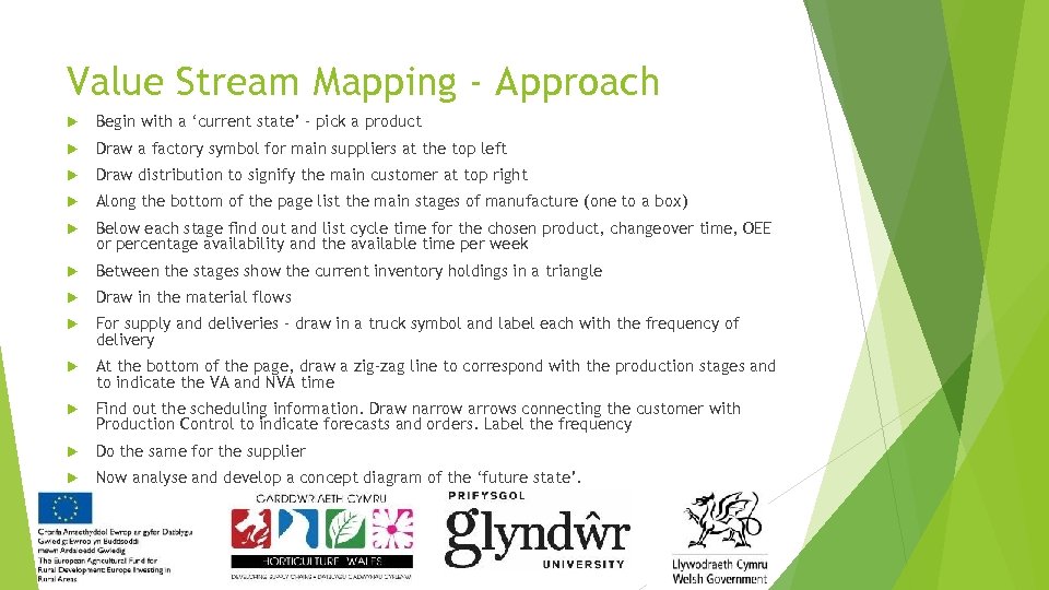 Value Stream Mapping - Approach Begin with a ‘current state’ – pick a product