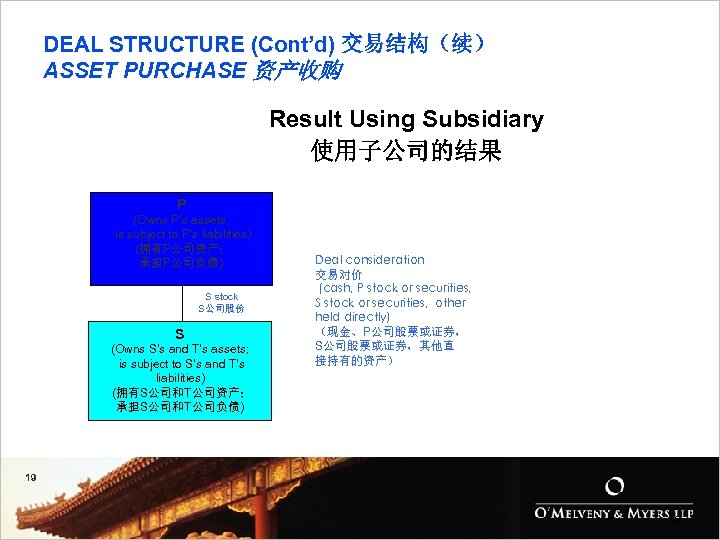 DEAL STRUCTURE (Cont’d) 交易结构（续） ASSET PURCHASE 资产收购 Result Using Subsidiary 使用子公司的结果 P (Owns P‘s