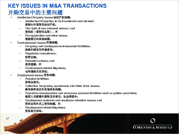 KEY ISSUES IN M&A TRANSACTIONS 并购交易中的主要问题 • • • Intellectual Property Issues 知识产权问题： –