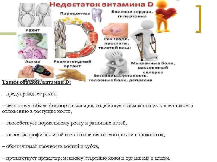 Таким образом, витамин D: – предупреждает рахит, – регулирует обмен фосфора и кальция, содействуя