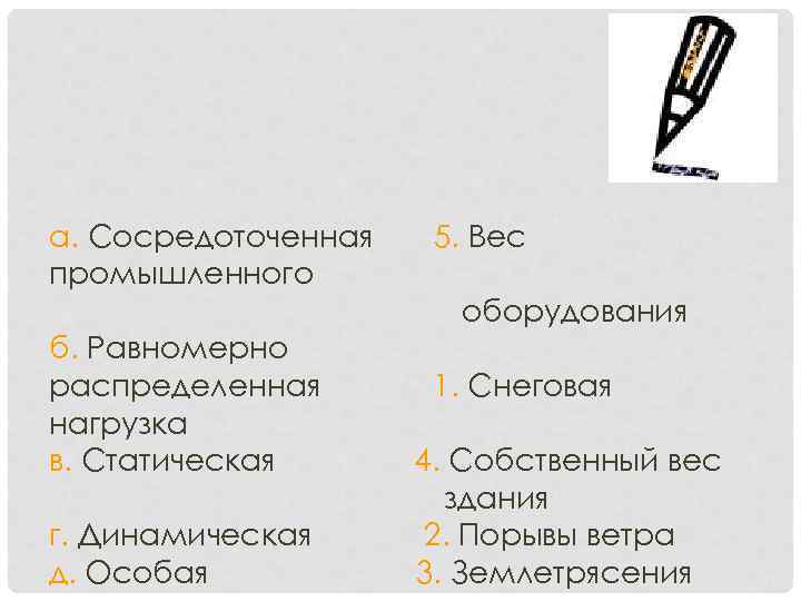 а. Сосредоточенная промышленного 5. Вес оборудования б. Равномерно распределенная нагрузка в. Статическая г. Динамическая