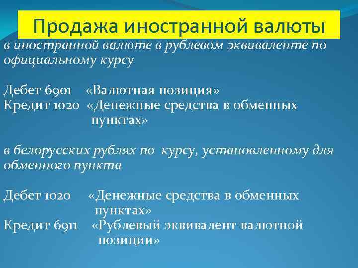 Продажа иностранной валюты в иностранной валюте в рублевом эквиваленте по официальному курсу Дебет 6901