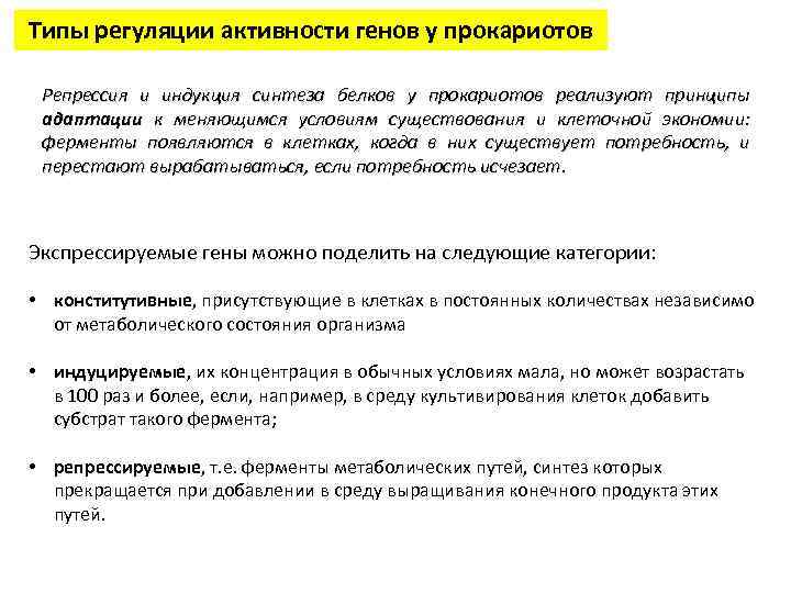 Типы регуляции активности генов у прокариотов Репрессия и индукция синтеза белков у прокариотов реализуют