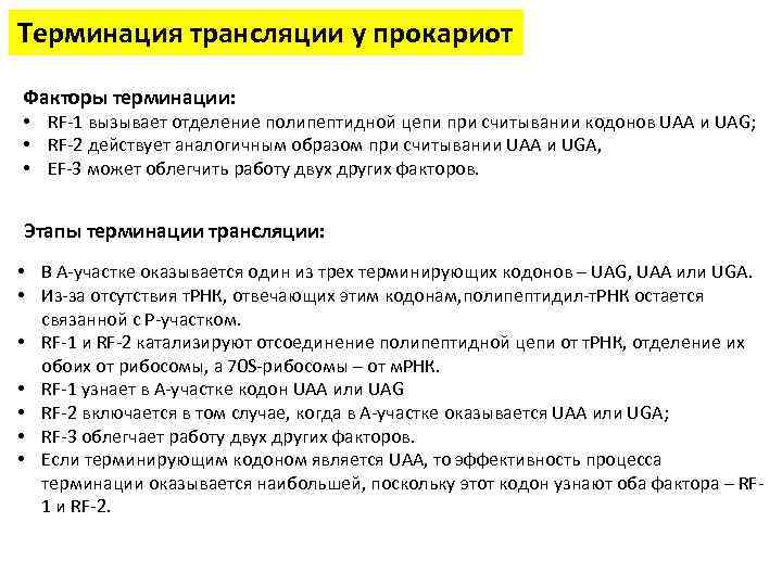 Терминация трансляции у прокариот Факторы терминации: • RF-1 вызывает отделение полипептидной цепи при считывании