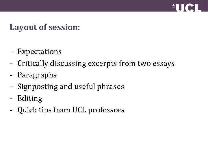 Layout of session: - Expectations Critically discussing excerpts from two essays Paragraphs Signposting and