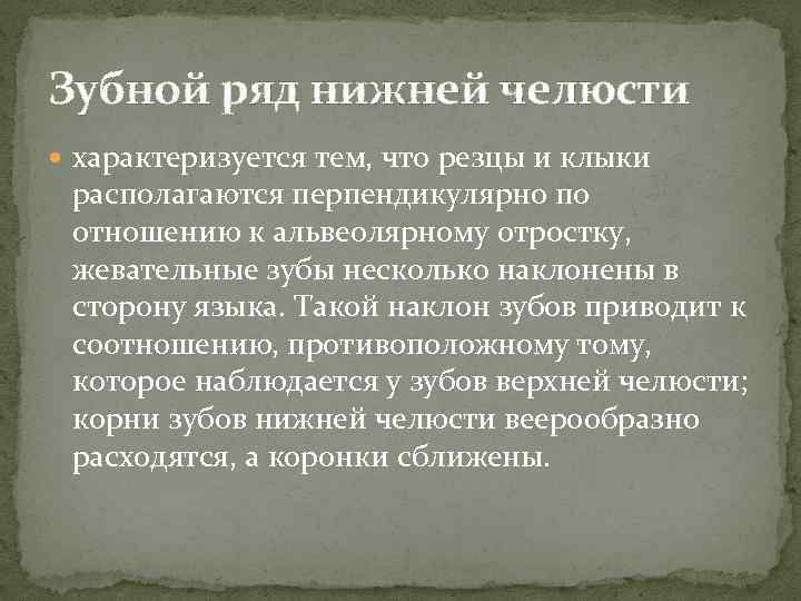 Зубной ряд нижней челюсти характеризуется тем, что резцы и клыки располагаются перпендикулярно по отношению