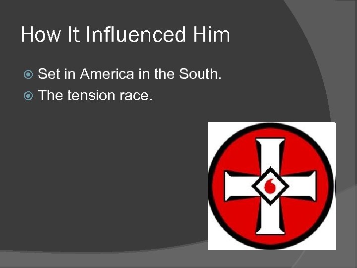 How It Influenced Him Set in America in the South. The tension race. 