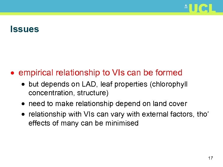 Issues · empirical relationship to VIs can be formed · but depends on LAD,