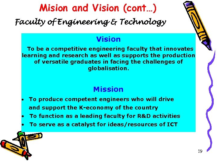 Mision and Vision (cont…) Faculty of Engineering & Technology Vision To be a competitive