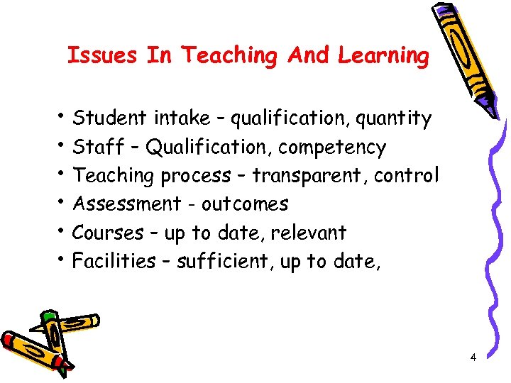 Issues In Teaching And Learning • Student intake – qualification, quantity • Staff –