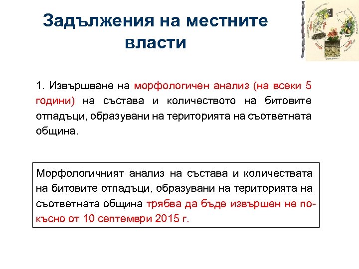 Задължения на местните власти 1. Извършване на морфологичен анализ (на всеки 5 години) на