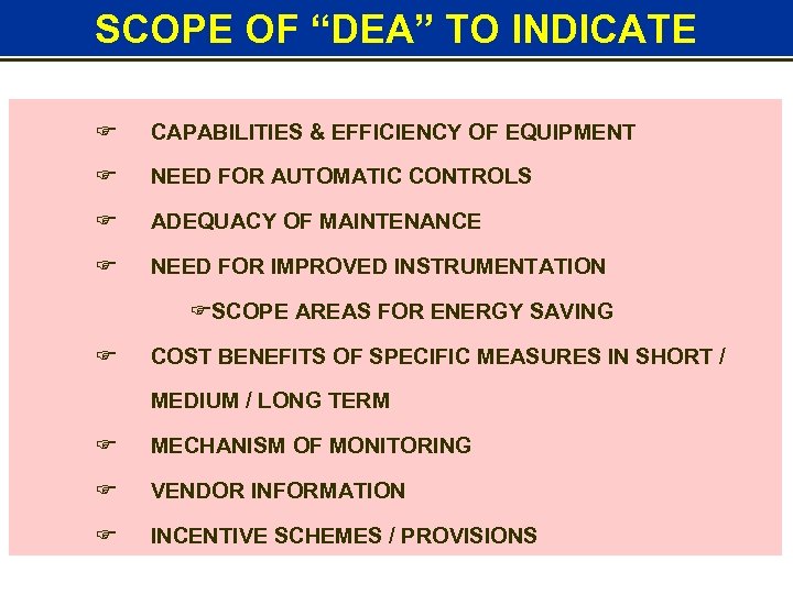 SCOPE OF “DEA” TO INDICATE F CAPABILITIES & EFFICIENCY OF EQUIPMENT F NEED FOR