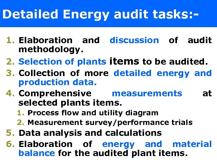 Detailed Energy audit tasks: 1. Elaboration and discussion of audit methodology. 2. Selection of