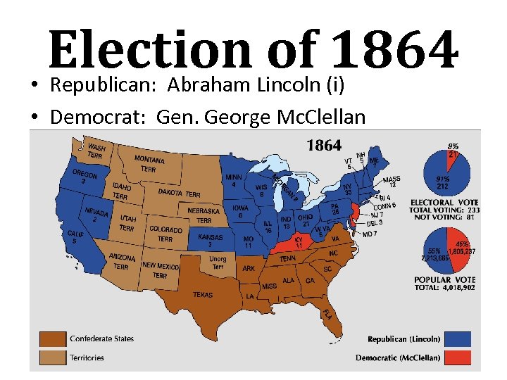 Election Lincoln (i) of 1864 • Republican: Abraham • Democrat: Gen. George Mc. Clellan