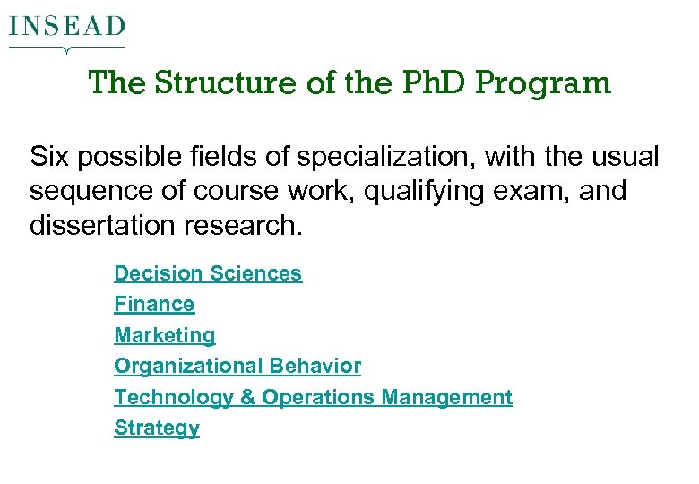 The Structure of the Ph. D Program Six possible fields of specialization, with the